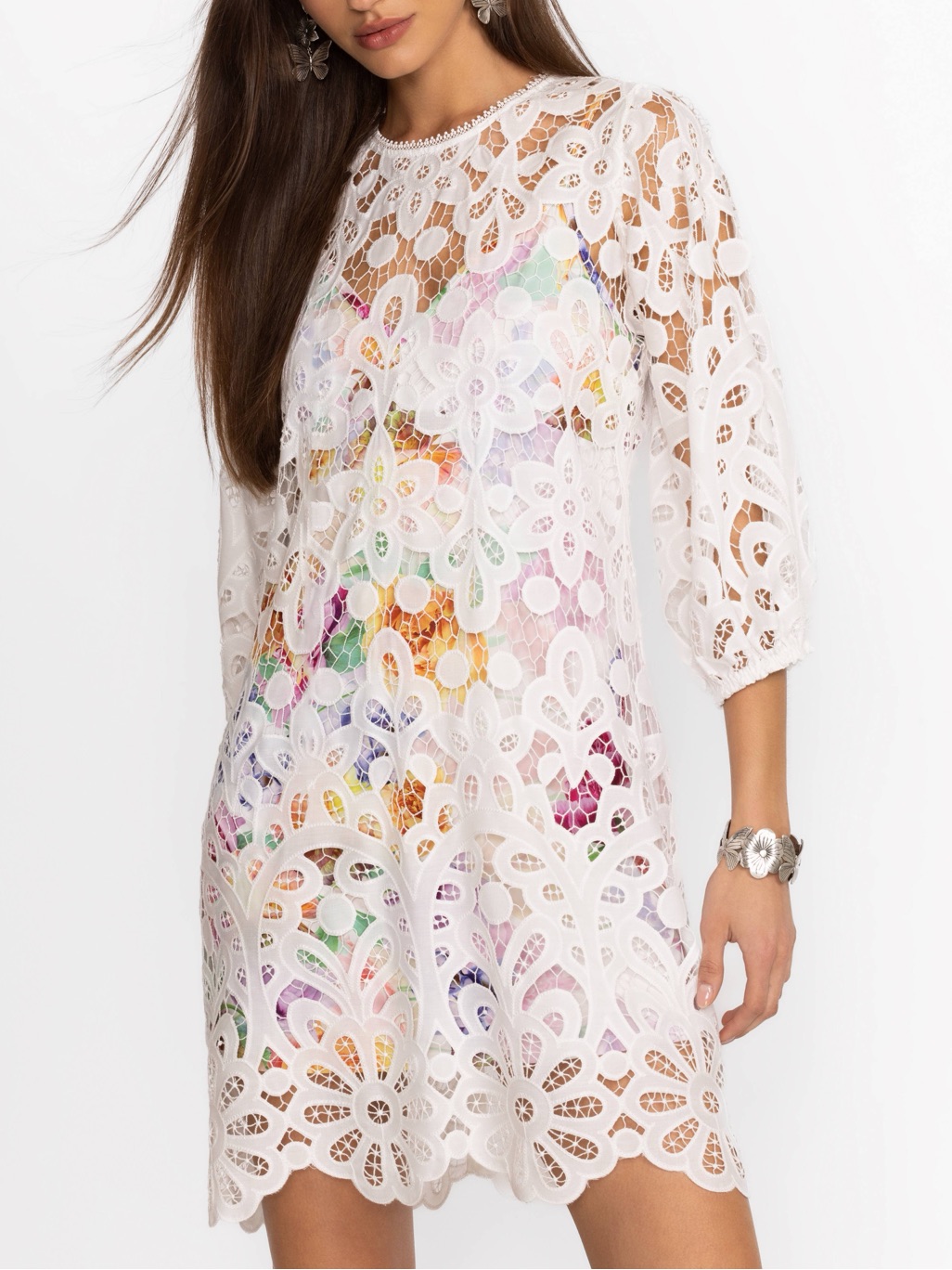 Johnny Was Lisetta Lace Mini Dress With Floral Slip